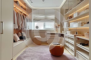 Ream style cloakroom space with large wardrobe, light purple and light bronze, organic form, soft color tones AI Generated