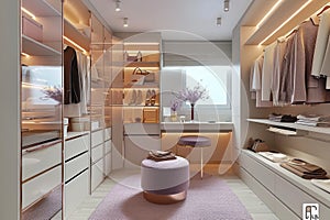 Ream style cloakroom space with large wardrobe, light purple and light bronze, organic form, soft color tones AI Generated