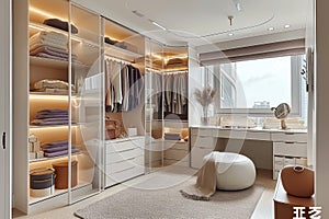 Ream style cloakroom space with large wardrobe, light purple and light bronze, organic form, soft color tones AI Generated