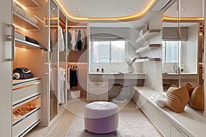 Ream style cloakroom space with large wardrobe, light purple and light bronze, organic form, soft color tones AI Generated