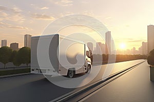 Rear angle view of delivery truck run on the road with sunrise cityscape,fast delivery,cargo logistic
