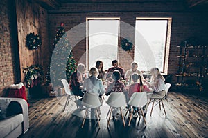 Rear back behind view of noel evening family gathering in loft living room. Grey-haired grandparents brother boy sister