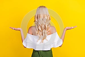 Rear back behind view portrait of gorgeous wavy-haired girl holding on palms copy space isolated over vivid yellow color