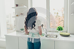 Rear back behind view portrait of her she nice charming attractive beautiful wavy-haired house-wife washing plates over