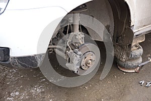 Rear brake system of car. Dise brake and caliper brake on vehicle. photo