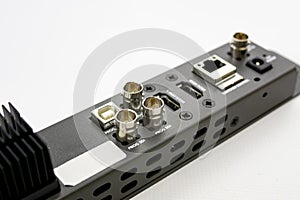 Rear connectors of a live television signal realization device, with sdi, hdmi, rj45, ethernet, television antenna and usb