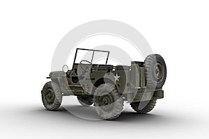 Rear corner view 3D illustration of a vintage green military jeep isolated on white