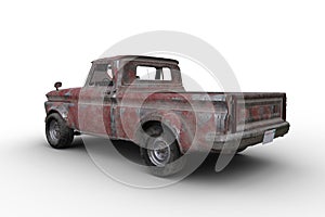 Rear corner view 3D rendering ofl a rusty old vintage red pickup truck isolated on white