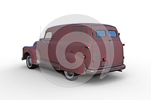 Rear corner view 3D rendering of an old vintage American panel van with faded and peeling red paintwork isolated on white