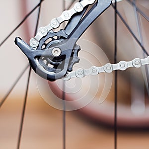 Rear derailleur and chain of mountain bike