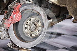 Rear disc brakes on a rally car