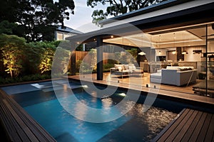 Rear garden of a contemporary Australian home with tiled swimming pool, modern real estate