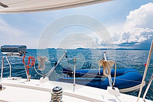 Rear of the luxury yacht with dingy and BBQ party equipments