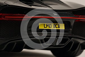 Rear number plate of a toy Bugatti Chiron sports car