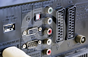 Rear panel of a television with sockets for connections