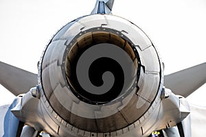 Rear part of jet engine exhaust of military fighter