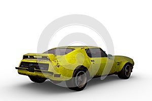 Rear perspective 3D rendering of an old yellow retro American muscle car isolated on a white background