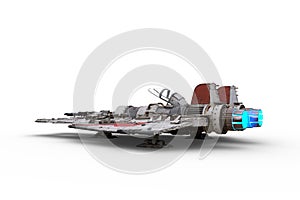 Rear perspective 3D rendering of a science fiction fantasy fighter jet powered space ship parked on the ground isolated on a white