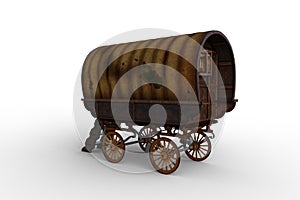 Rear perspective view 3D rendering of an old brown Romany gypsy caravan isolated on white
