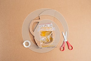 Rear side perspective of inventive cardboard crafting: plastic bag containing yellow liquid affixed to cardboard pitcher photo