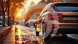 Rear and side view of a car on the roadside at sunset