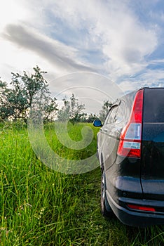 Rear-side view of SUV car on wild nature. Travel and adventures concept