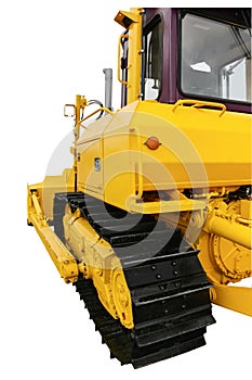 Rear and side views of a bulldozer closeup isolated on white background