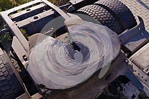 Rear of the tractor unit. Visible fifth wheel couplings are fitted to a tractor unit to connect it to the trailer