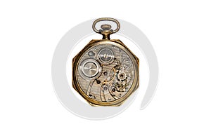 Rear viev of golden old pocket watch with open clockwork on white isolated background. Mechanism of golden vintage watch