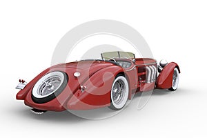 Rear view of 1920s vintage concept convertible roadster sports car with red paintwork and whitewall tyres. 3D rendering isolated