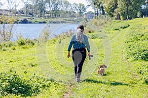 Rear view of adult female hiker walking on green grass with her brown dachshund