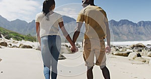 Rear view of african american couple holdings hands and walking at the beach