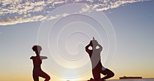Rear view of african american couple practicing yoga together on rocks near the sea during sunset