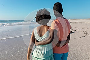 Rear view of african american couple standing with arms around at beach during summer holiday