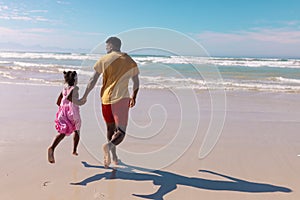 Rear view of african american young man and daughter holding hands and running at beach against sky