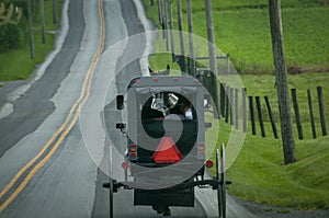 Rear View of an Amish Horse and Buggy traveling Down a Rural Road