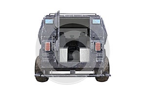 Rear view of an armoured police SWAT vehicle with back door open. 3D illustration
