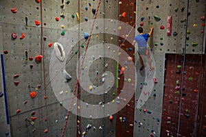 Rear view of athlete climbing wall in club
