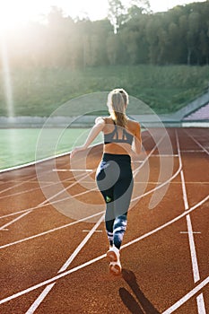 Rear view of Athlete Woman Running Fast at Track in the Morning Light , Training Hard, Getting Ready for Race