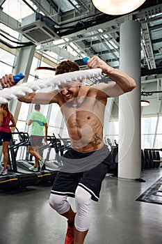 Rear view of Attractive young fit and toned sportswoman working out with battle ropes. Motion blur