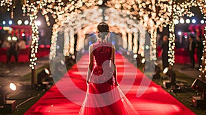 Rear view of a beautiful asian woman in red dress walking on the red carpet in the night city