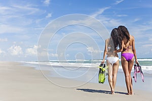 Rear View Beautiful Bikini Women At Beach