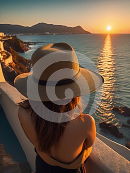 Rear view of beautiful female model with hat and dress enjoying the sea view at the sunset