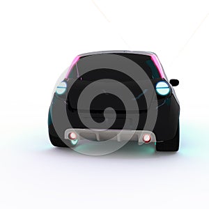 Rear View of a Beautiful Futuristic Electric Compact City Car in Neon Light.