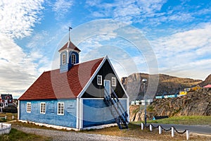 Rear view of the Bethel Blue church 1775 located in Sisimiut.