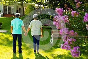 Rear view of biracial senior couple holding hands while standing on grassy land in park