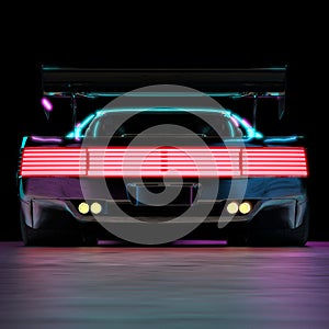 Rear View of a Black Luxury Futuristic Sports Car with Led Taillights on a Concrete Surface Illuminated by Neon.