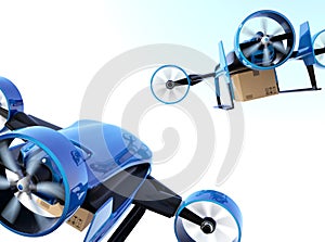 Rear view of blue VTOL drones carrying delivery packages flying in the sky