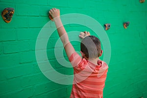 Rear view of boy climbing on wall