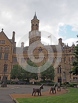 Rear view of bradford city hall in west yorkshire a victorian gothic revival sandstone building with statues and clock tower